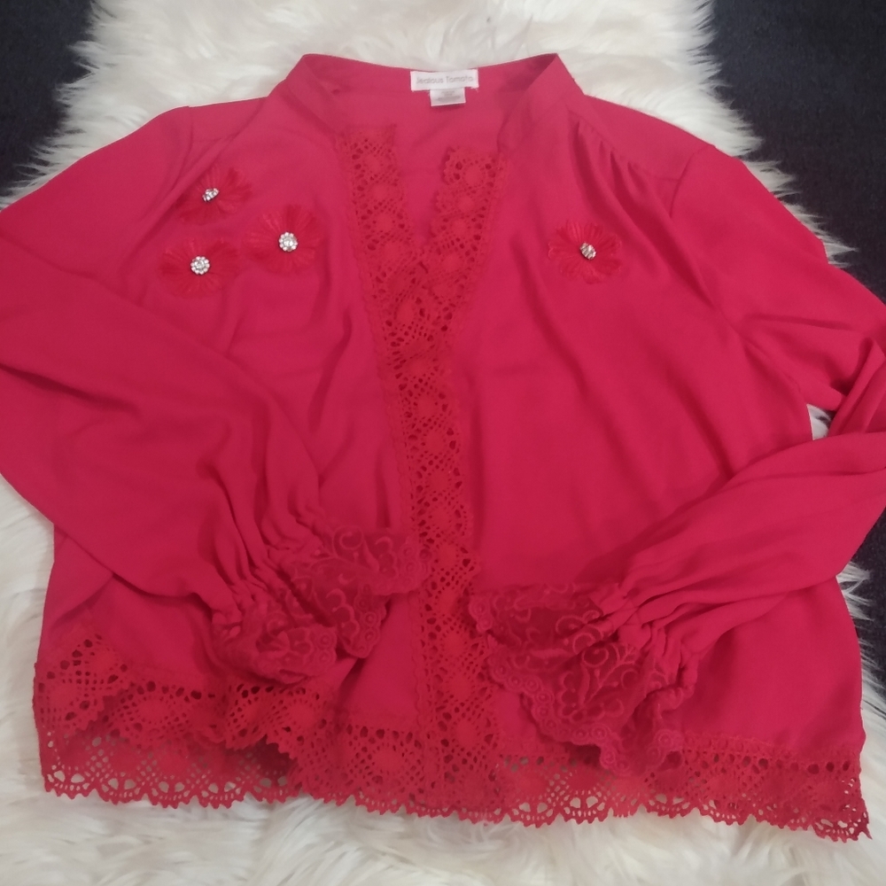 Jealous tomato red lacey cardigan